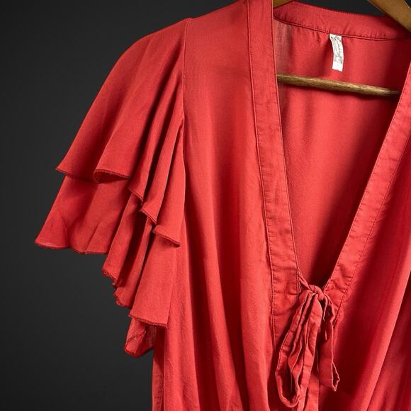 Free People Ruffle Sleeve Body Suit Top Tie Front XS Red Cha Cha - Picture 2 of 7
